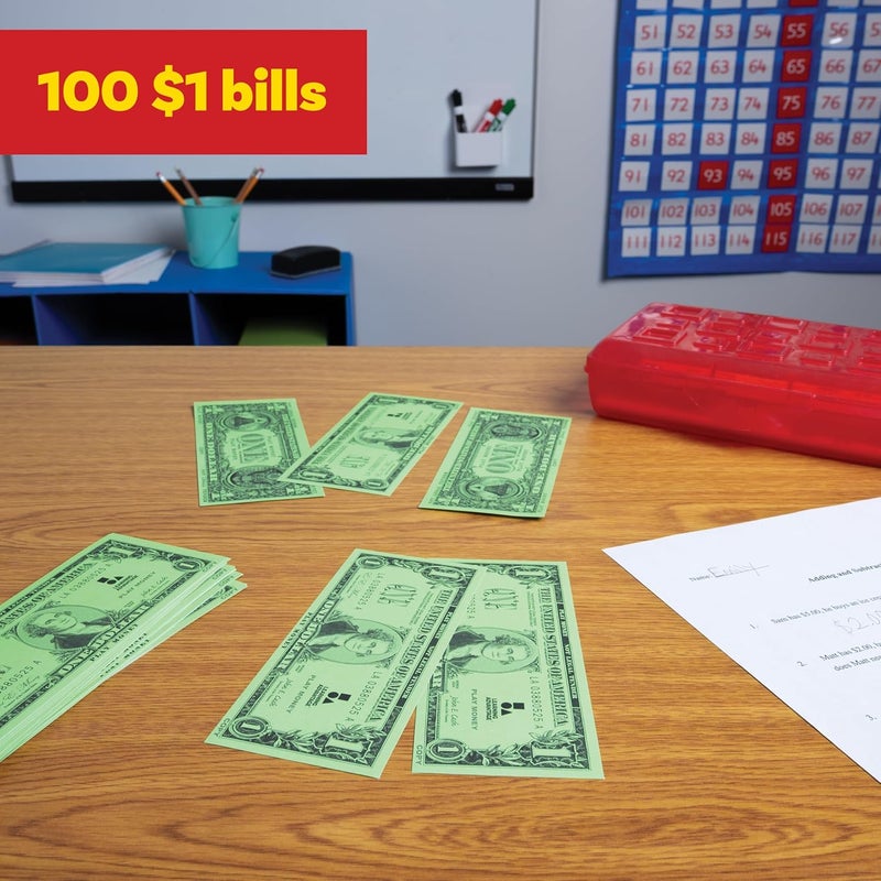 Learning Advantage أوراق اللعب بدولار واحد | مجموعة من 100 | بحجم النقود الحقيقية | نقود للعب لتعليم العملة والعد - Image 2